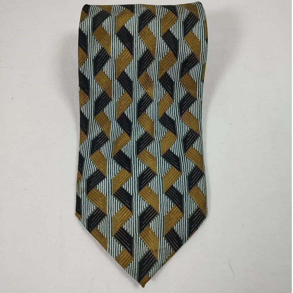 VTG Franco Di Napoli Handmade 100% Silk Tie Geometric 3D Design Gold Gray Black